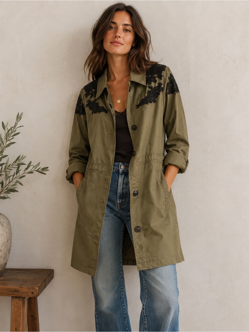 Kori America Women's Military Boho Jacket Army Green Black Lace Size S Oversized